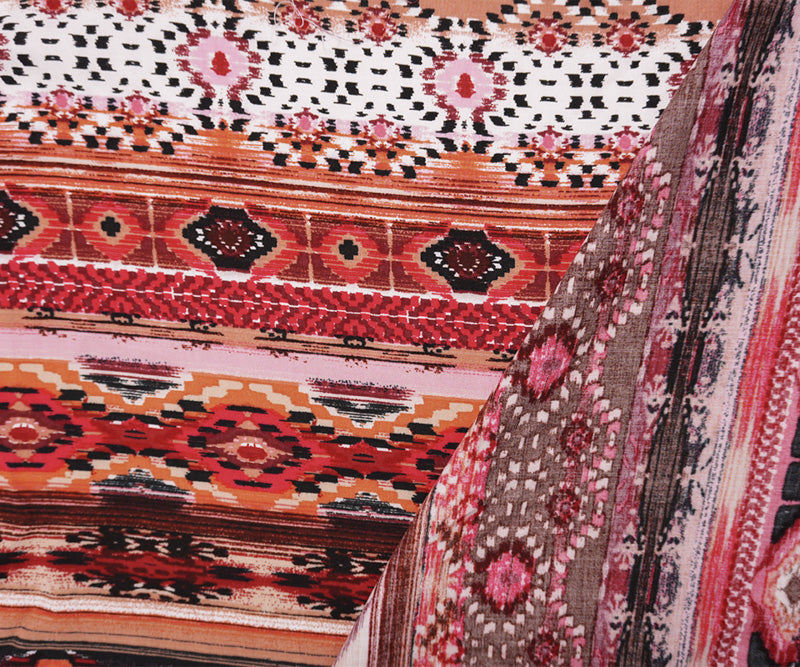 Red-Black-Multi Rayon Aztec Ikat Printed Challis Woven Fabric