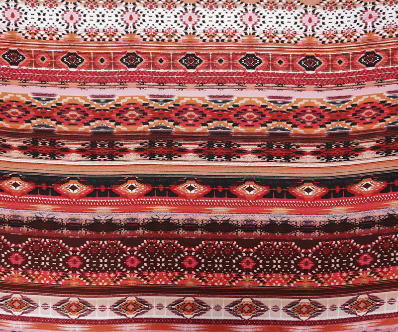 Red-Black-Multi Rayon Aztec Ikat Printed Challis Woven Fabric