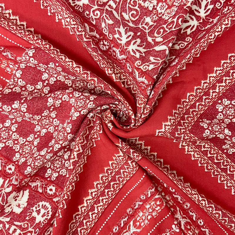 Red-White-Orange Rayon Floral Bandana Printed Challis Woven Fabric