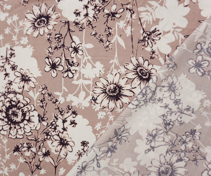 2 1/4 YD PC-Brown-White-Multi Rayon Floral Printed Challis Woven Fabric