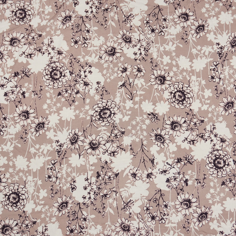 2 1/4 YD PC-Brown-White-Multi Rayon Floral Printed Challis Woven Fabric