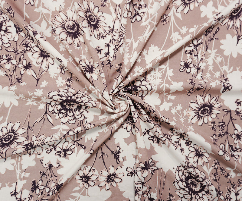 2 1/4 YD PC-Brown-White-Multi Rayon Floral Printed Challis Woven Fabric