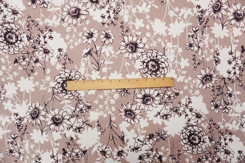 2 1/4 YD PC-Brown-White-Multi Rayon Floral Printed Challis Woven Fabric