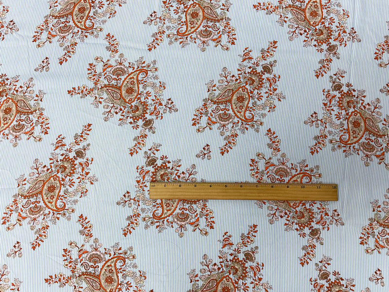 3 1/2 YD PC-Blue-White-Multi Rayon Paisley Stripe Printed Challis Woven Fabric