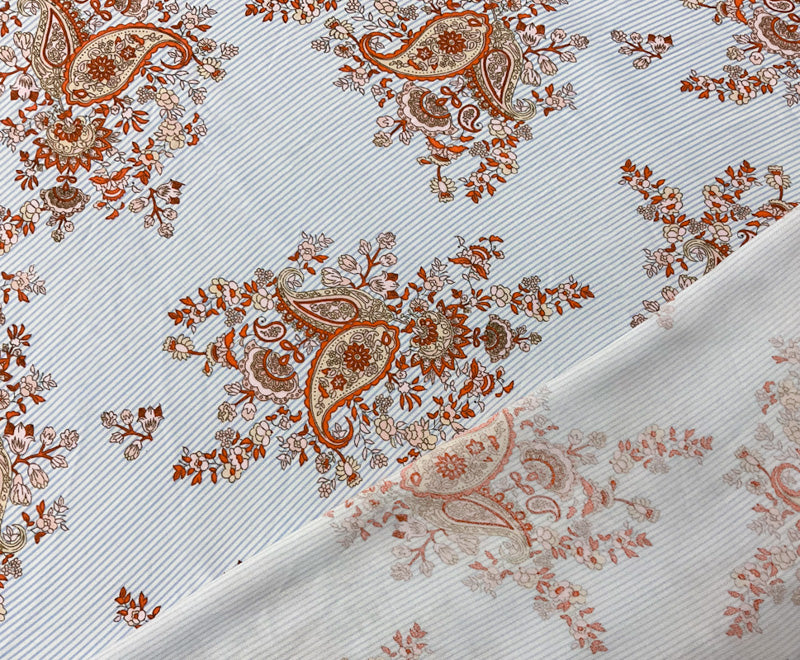 Blue-White-Multi Rayon Paisley Stripe Printed Challis Woven Fabric