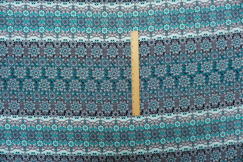 Blue-Teal-White Rayon Floral Moroccan Printed Challis Woven Fabric