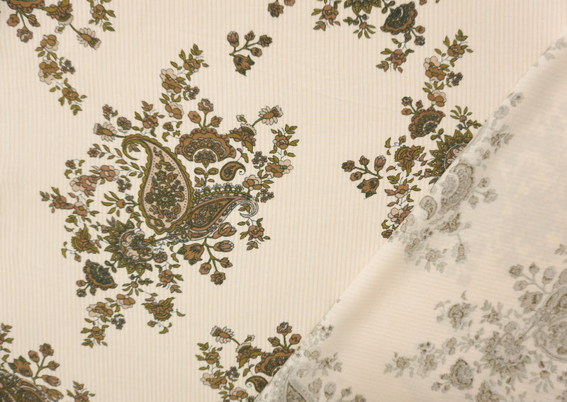 Beige-Brown-White Rayon Floral Paisley Printed Challis Woven Fabric