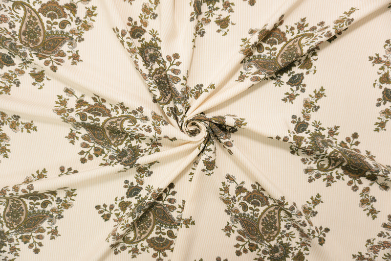 Beige-Brown-White Rayon Floral Paisley Printed Challis Woven Fabric