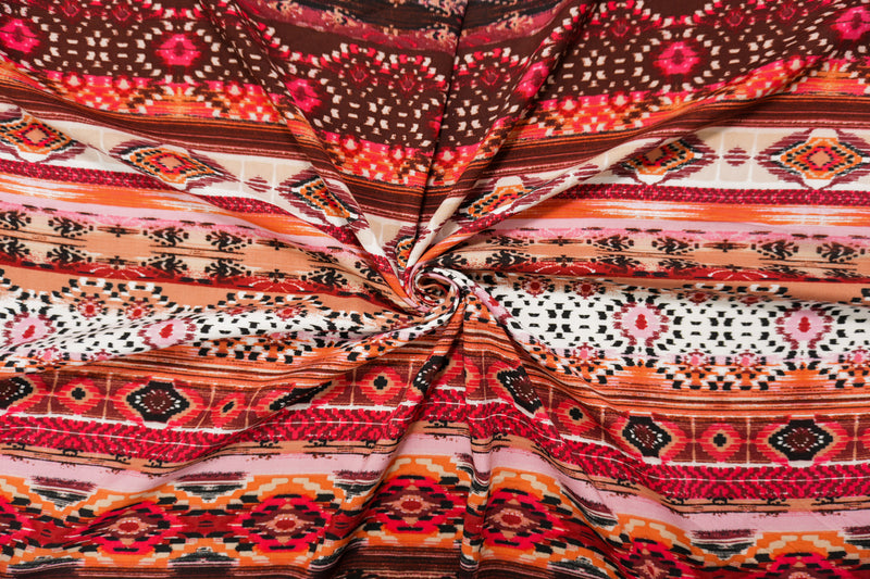 3 YD PC-Red-Brown-Multi Rayon Ikat Printed Challis Woven Fabric
