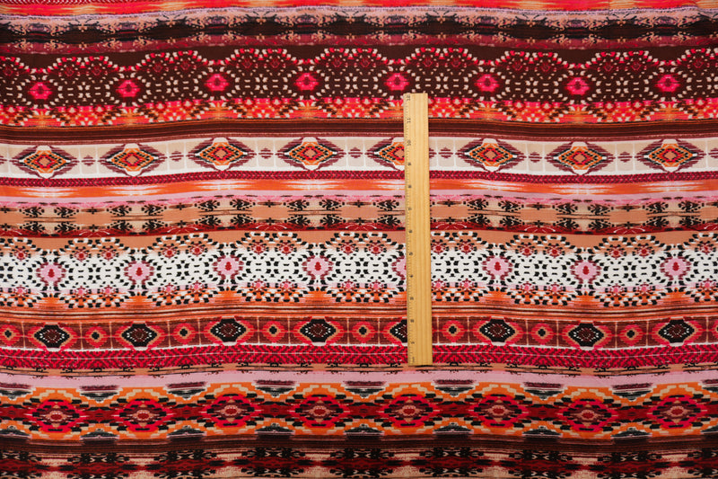 3 1/2 YD PC-Red-Brown-Multi Rayon Ikat Printed Challis Woven Fabric