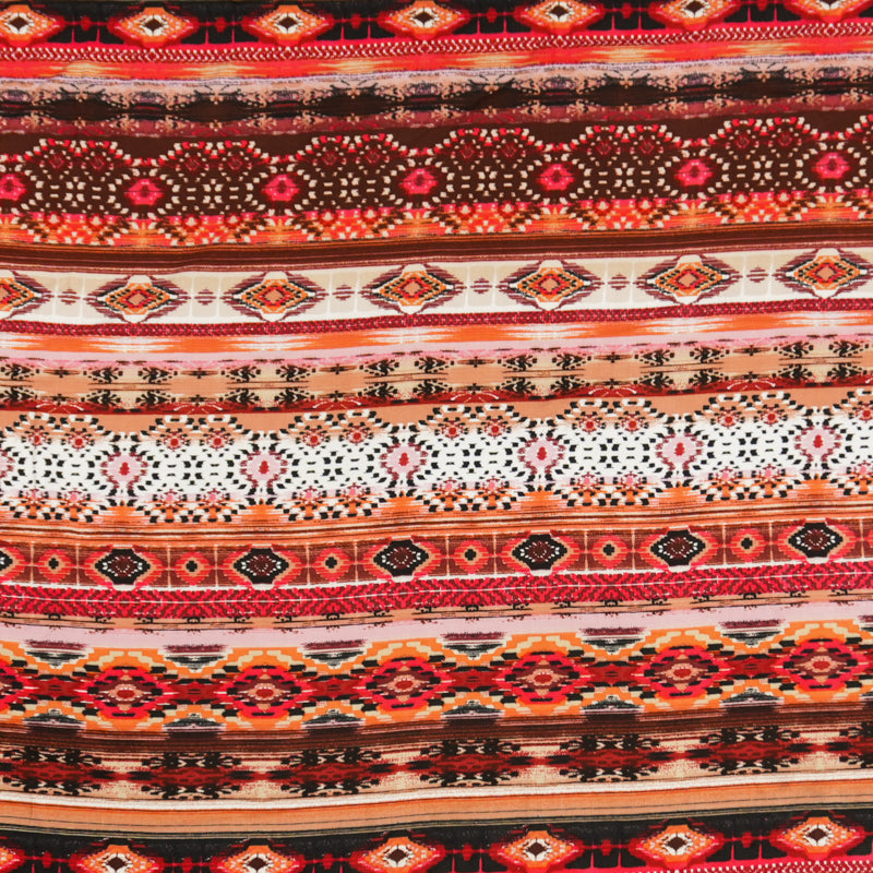 3 1/2 YD PC-Red-Brown-Multi Rayon Ikat Printed Challis Woven Fabric