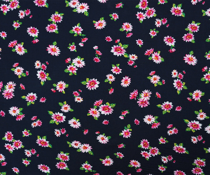 1 YD PC-Deep Navy-Red-Multi Rayon Floral Printed Challis Woven Fabric
