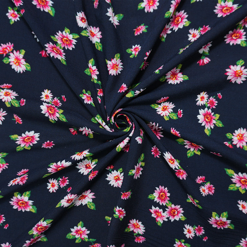 1 YD PC-Deep Navy-Red-Multi Rayon Floral Printed Challis Woven Fabric