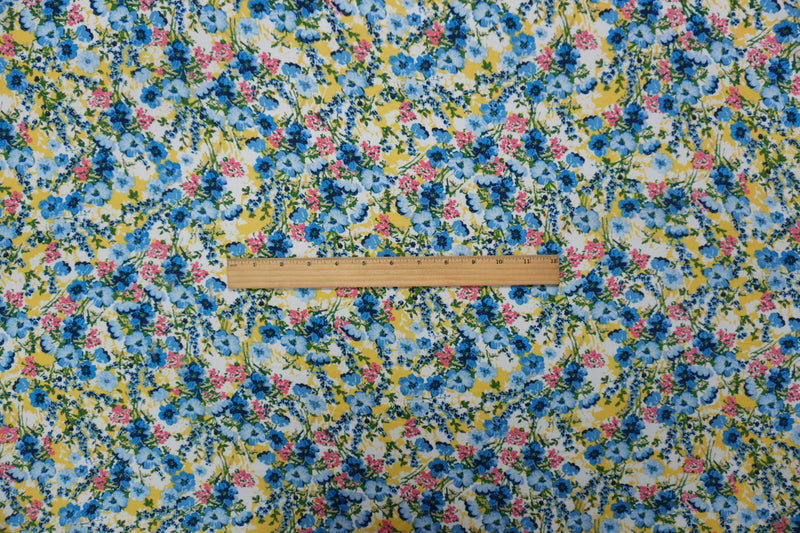 1 YD PC-Blue-Yellow-Multi Rayon Floral Printed Challis Woven Fabric