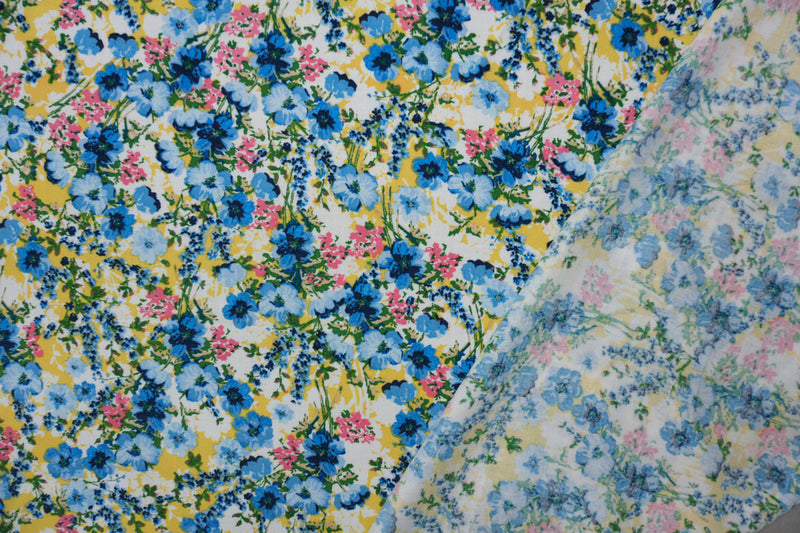 Blue-Yellow-Multi Rayon Floral Printed Challis Woven Fabric