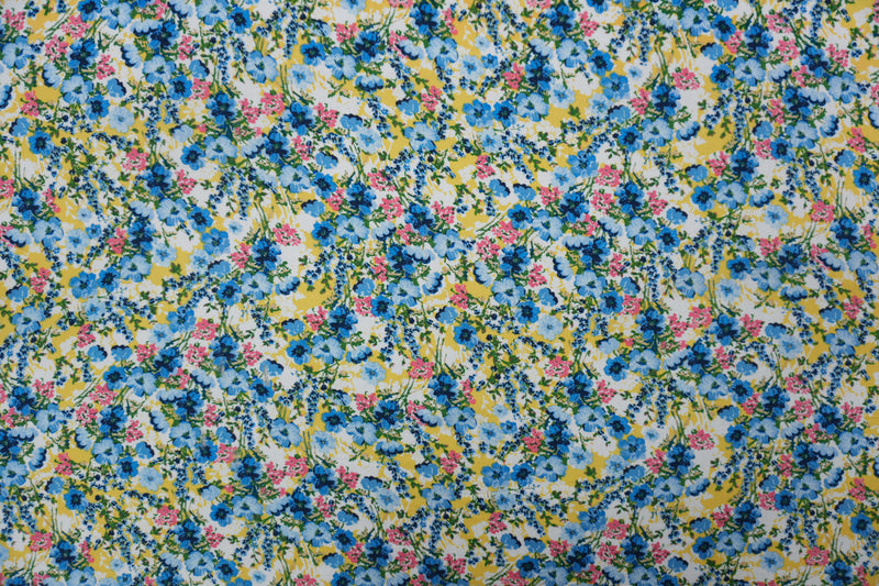 Blue-Yellow-Multi Rayon Floral Printed Challis Woven Fabric
