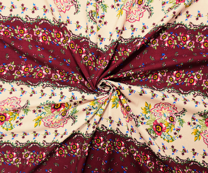 Red-Multi Rayon Floral Washable Printed Challis Woven Fabric