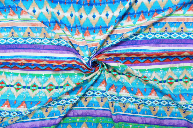 Blue-Green-Multi Rayon Aztec Printed Challis Woven Fabric