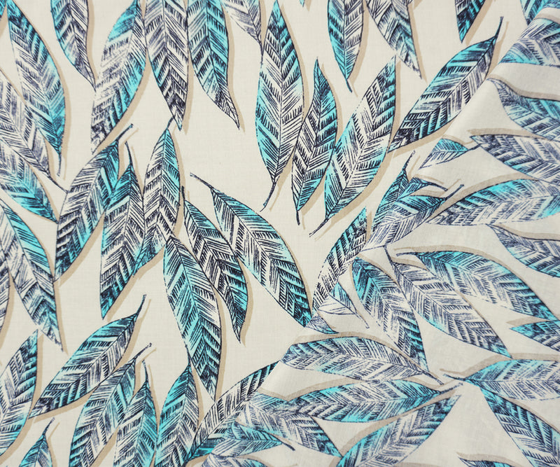 Beige-Teal-Black Rayon Leaves Printed Voile Woven Fabric