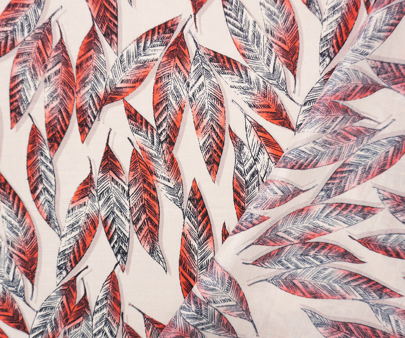 Pink-Red-Black Rayon Leaves Printed Voile Woven Fabric