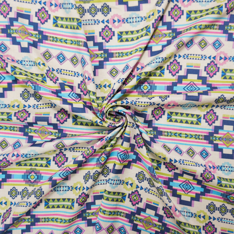 Ivory-Blue-Multi Rayon Aztec Printed Voile Woven Fabric