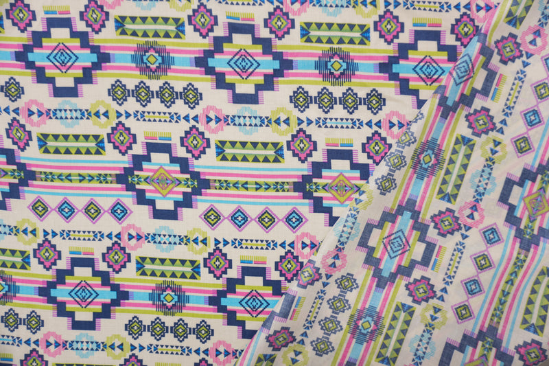 Ivory-Blue-Multi Rayon Aztec Printed Voile Woven Fabric