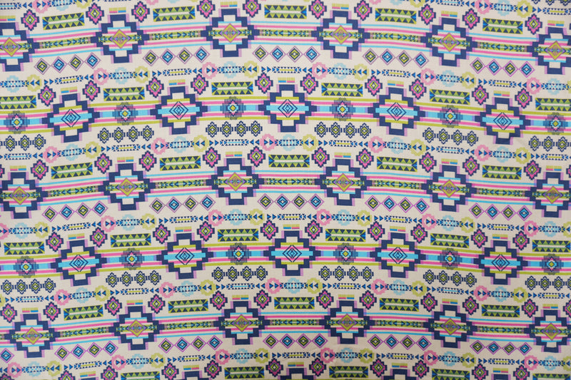Ivory-Blue-Multi Rayon Aztec Printed Voile Woven Fabric