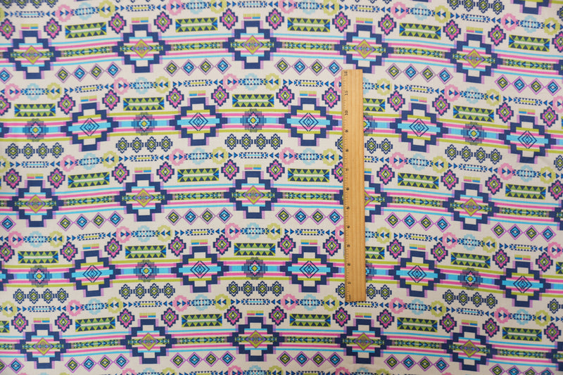 Ivory-Blue-Multi Rayon Aztec Printed Voile Woven Fabric
