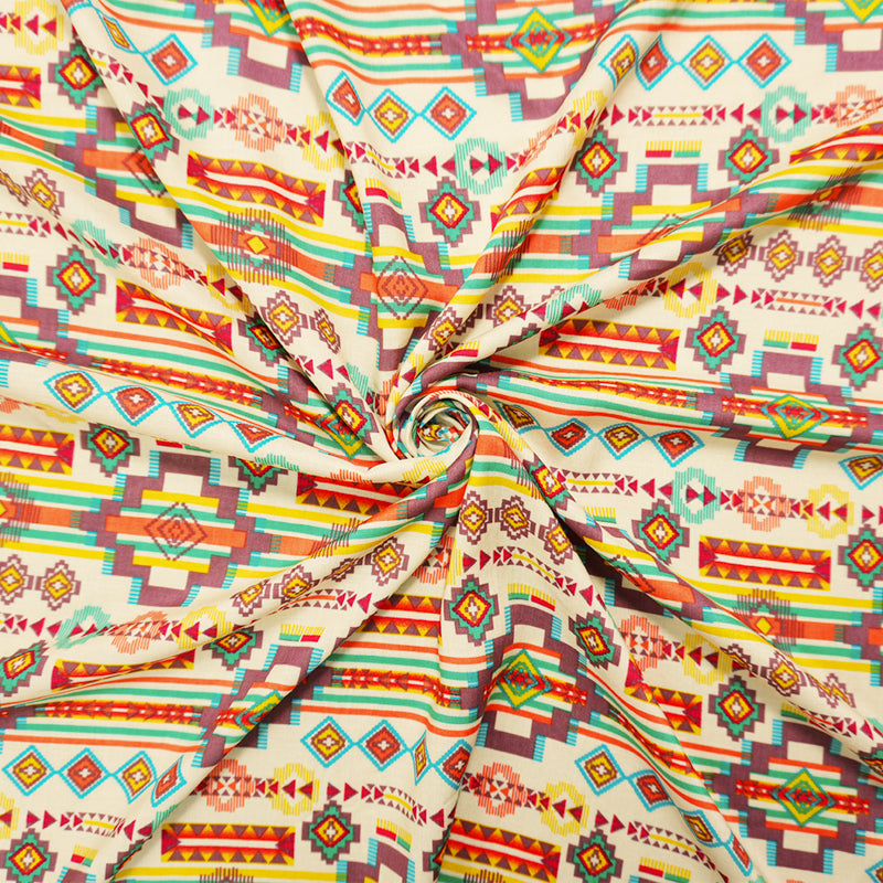 Ivory-Orange-Multi Rayon Aztec Printed Voile Woven Fabric