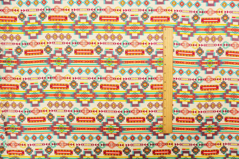 Ivory-Orange-Multi Rayon Aztec Printed Voile Woven Fabric