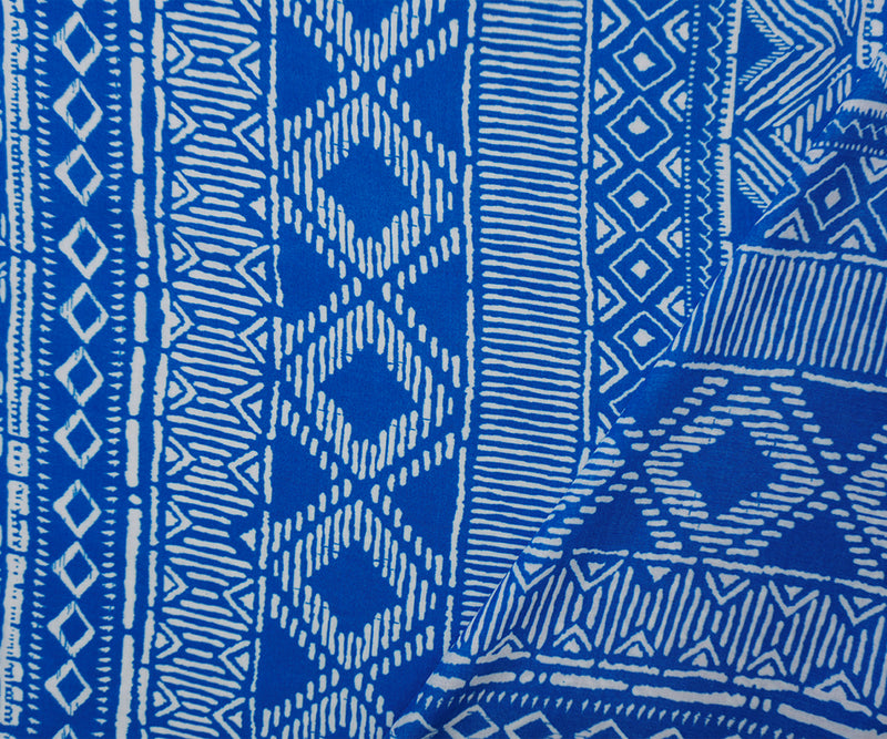 Blue-White Rayon Aztec Printed Voile Woven Fabric