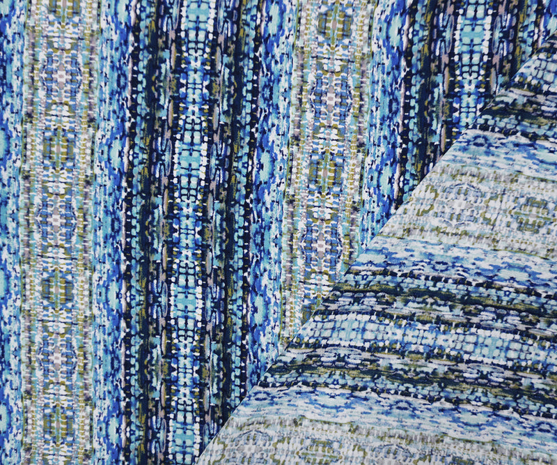 Blue-Green-Multi Rayon Abstract Printed Voile Woven Fabric