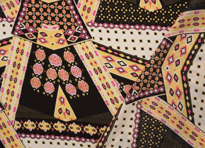 Black-Yellow-Multi Rayon Aztec Printed Voile Woven Fabric
