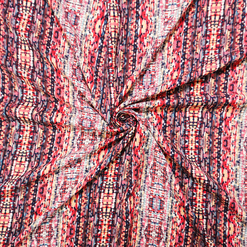 Red-Blue-Multi Rayon Abstract Printed Voile Woven Fabric