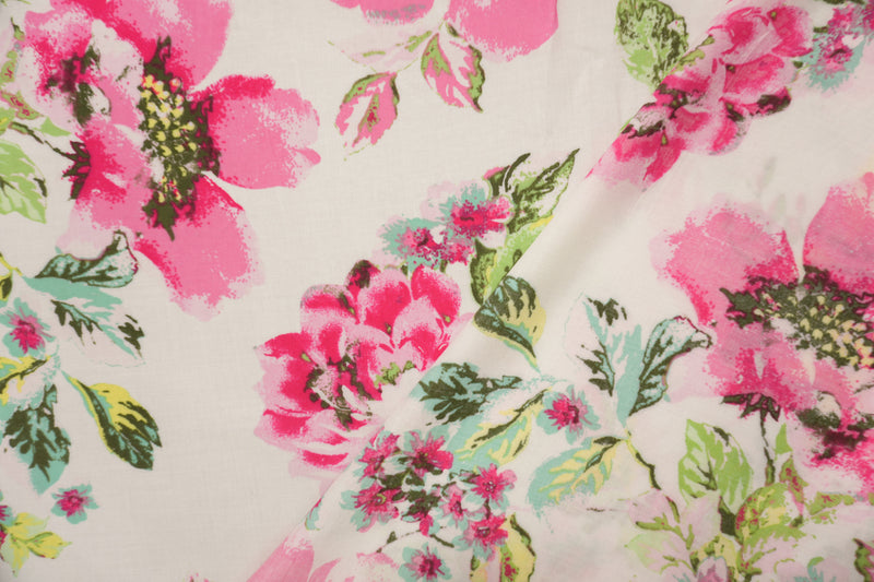 Pink-White-Multi Rayon Floral Printed Voile Woven Fabric