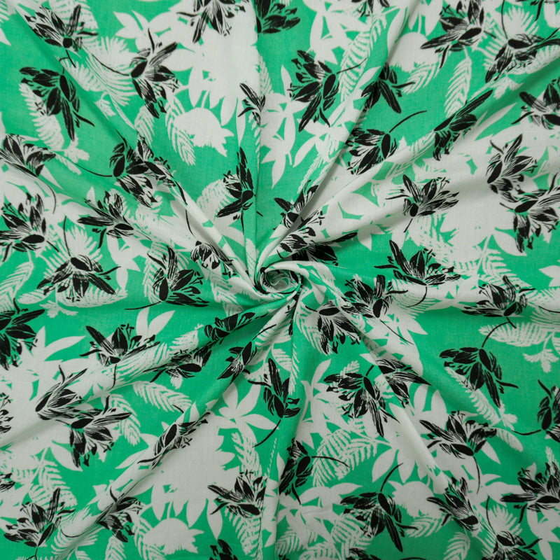 Green-Black-White Rayon Floral Printed Voile Woven Fabric