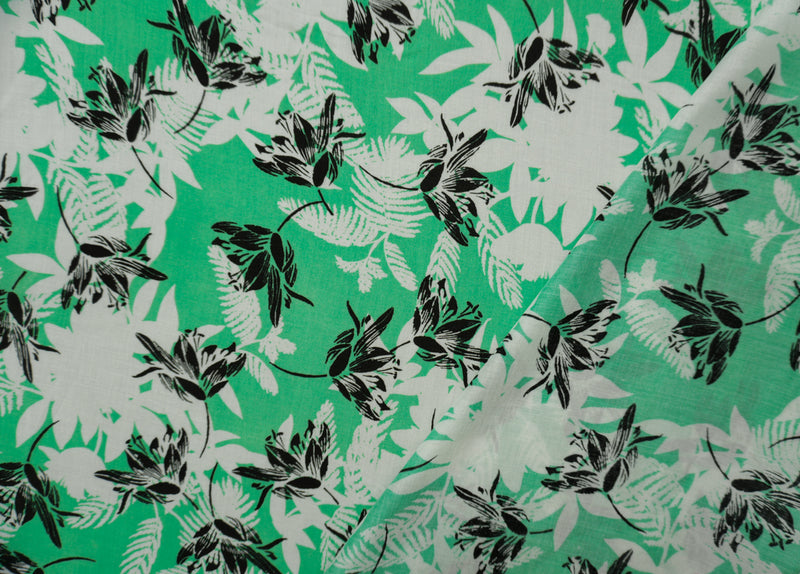 Green-Black-White Rayon Floral Printed Voile Woven Fabric