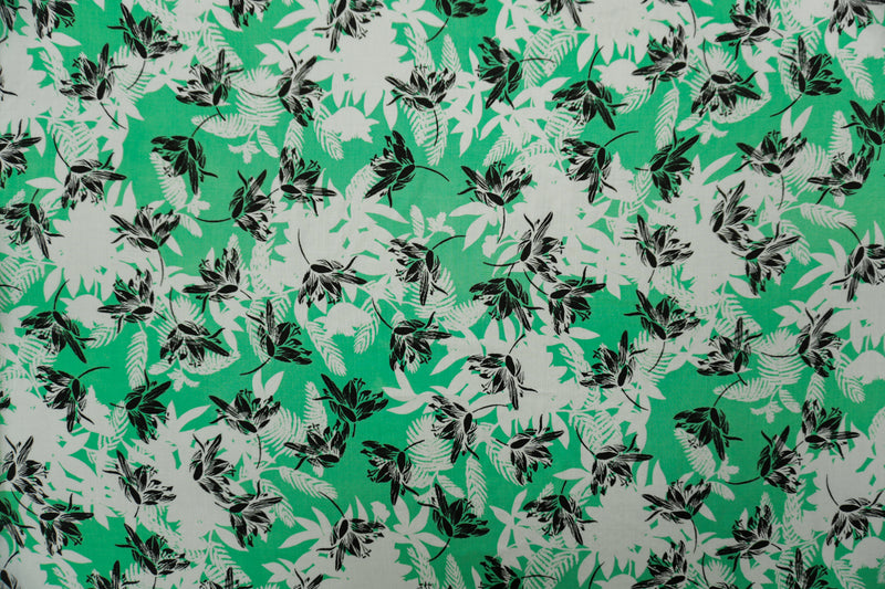 Green-Black-White Rayon Floral Printed Voile Woven Fabric