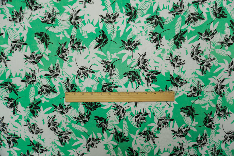 Green-Black-White Rayon Floral Printed Voile Woven Fabric