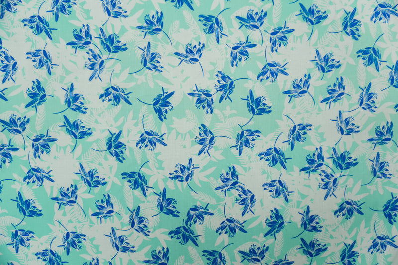 Teal-White-White Rayon Floral Printed Voile Woven Fabric