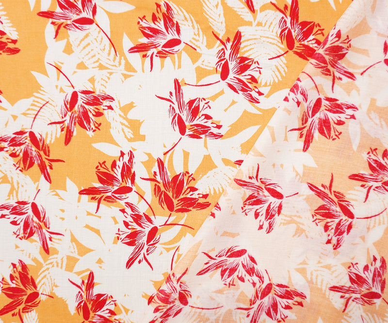 Orange-White-Red Rayon Floral Printed Voile Woven Fabric