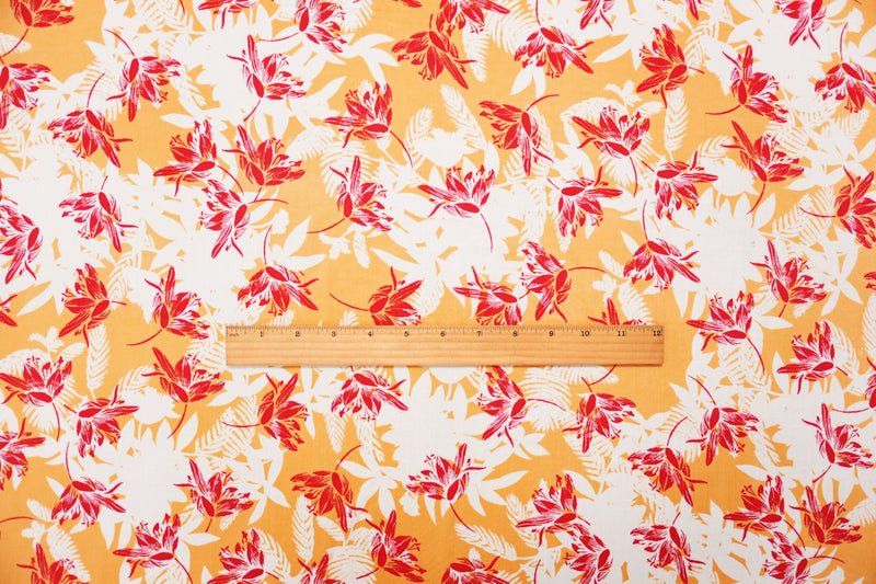 Orange-White-Red Rayon Floral Printed Voile Woven Fabric
