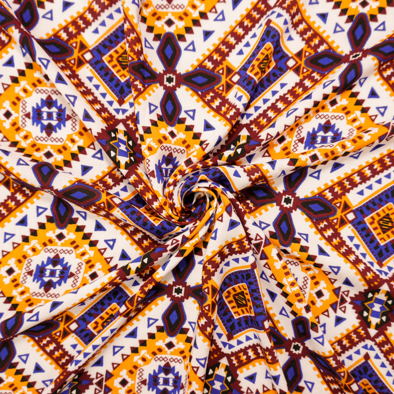 Brown-White-Multi Rayon Aztec Printed Voile Woven Fabric