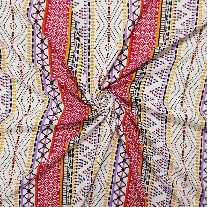 Red-Multi Rayon Geometric Print Cross Dobby Jacquard Woven Fabric
