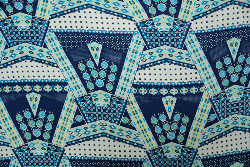 Blue-White-Multi Rayon Aztec Printed Voile Woven Fabric