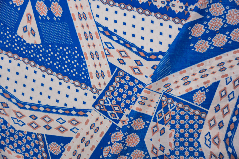 Blue-White-Orange Rayon Aztec Printed Voile Woven Fabric