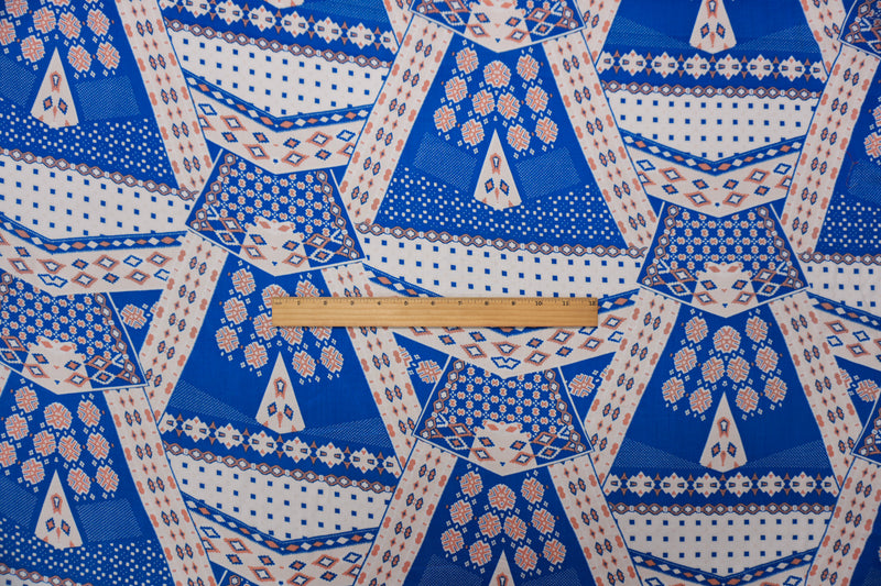 Blue-White-Orange Rayon Aztec Printed Voile Woven Fabric