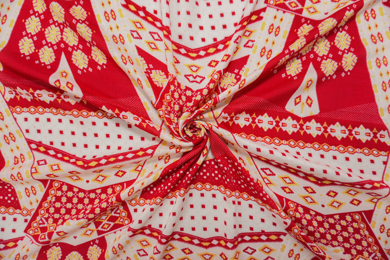 Red-Ivory-Yellow Rayon Aztec Printed Voile Woven Fabric