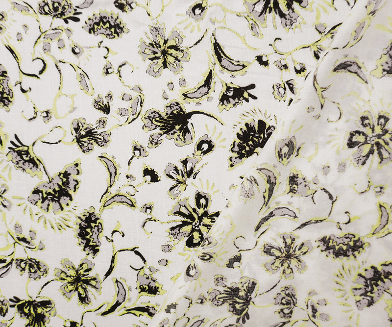 White-Yellow-Multi Rayon Floral Printed Voile Woven Fabric