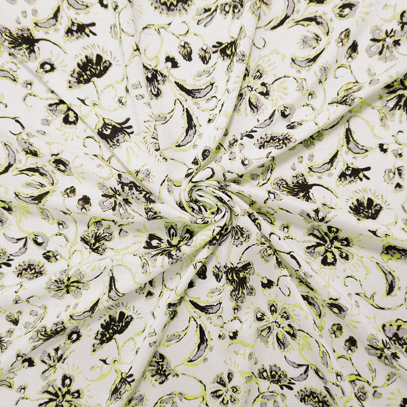 White-Yellow-Multi Rayon Floral Printed Voile Woven Fabric